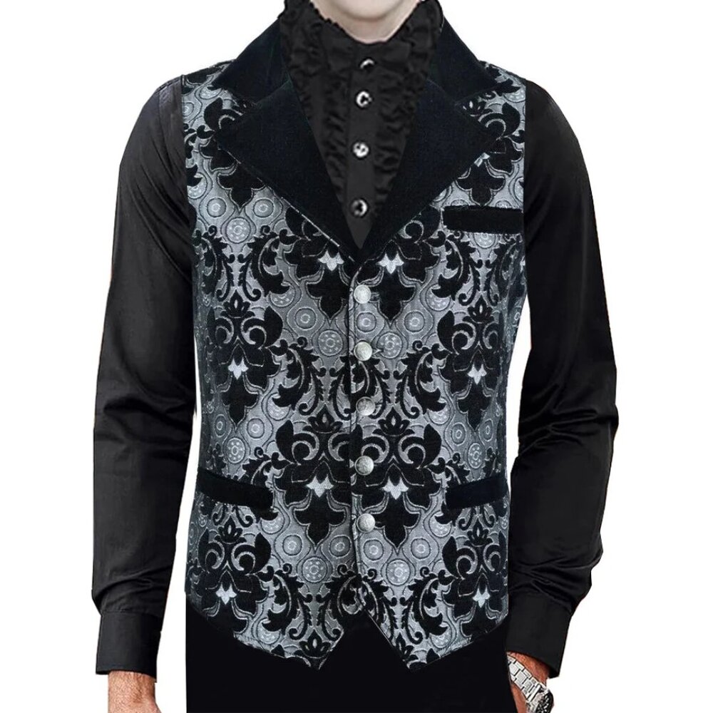 Victorian Gentleman's Aristocrat Vest Black Silver Tapestry Stylish Casual Vest - Picture 3 of 5
